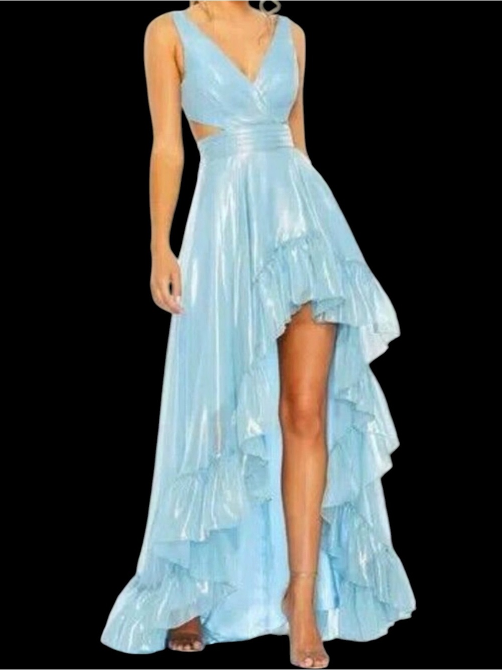 Ieena For Mac Duggal 49526 Powder Blue Dress Side Cut Out High Low Ruffle Maxi